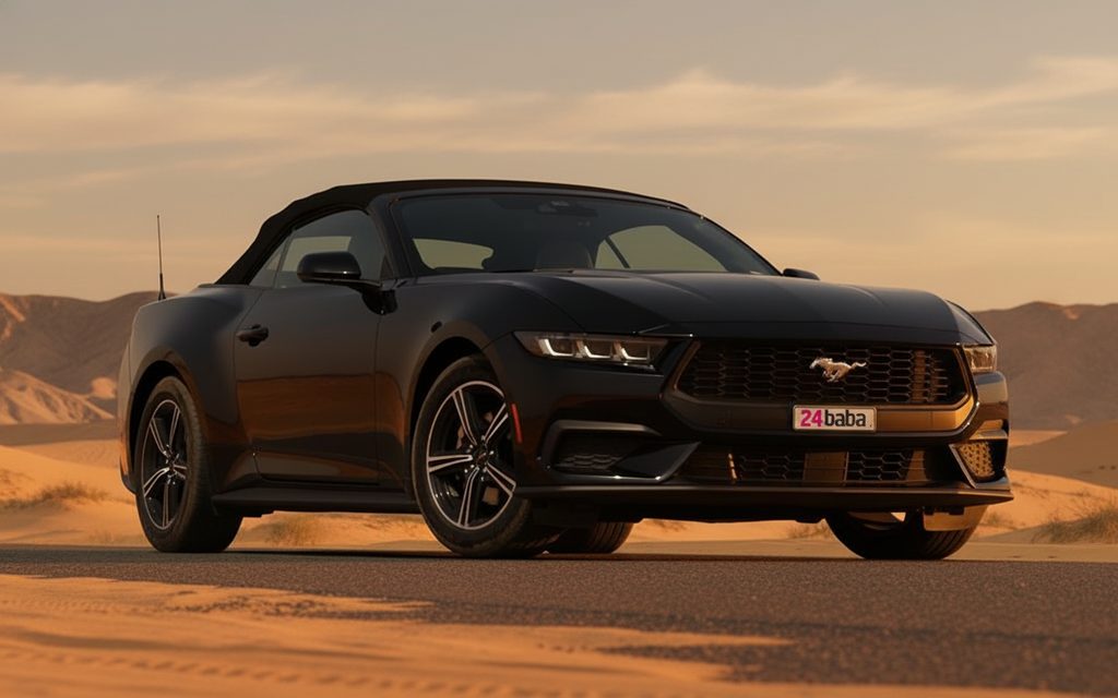 Ford Mustang 2025 Black front view with headlights – rental in Dubai