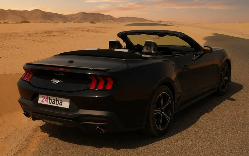 Ford Mustang 2025 Black rear view showing taillights – rental in Dubai