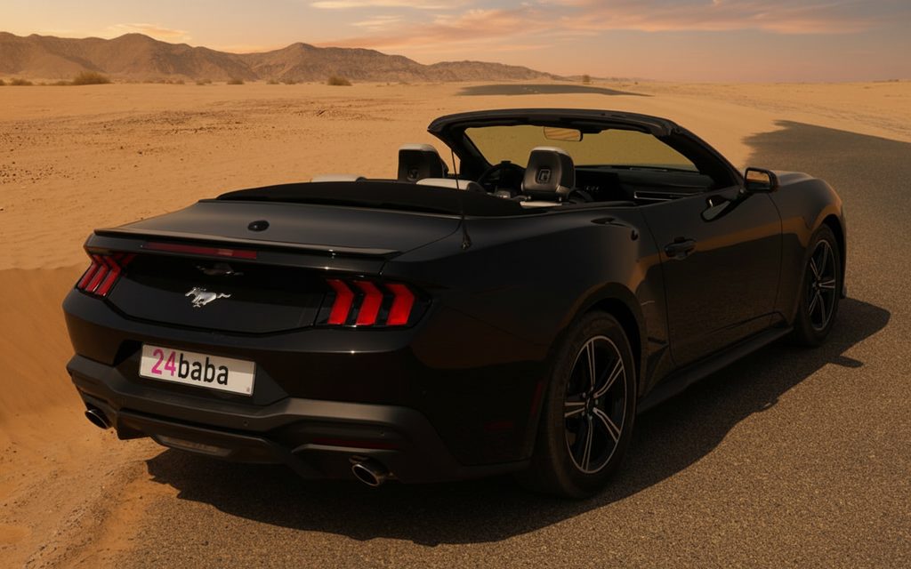 Ford Mustang 2025 Black rear view showing taillights – rental in Dubai