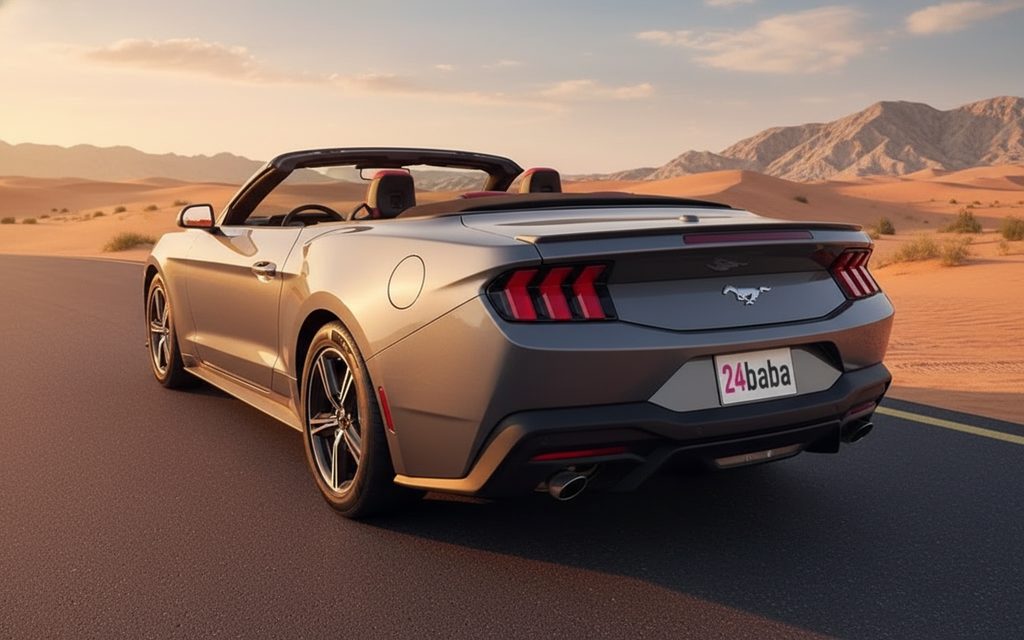 Ford Mustang 2024 Grey rear view showing taillights – rental in Dubai