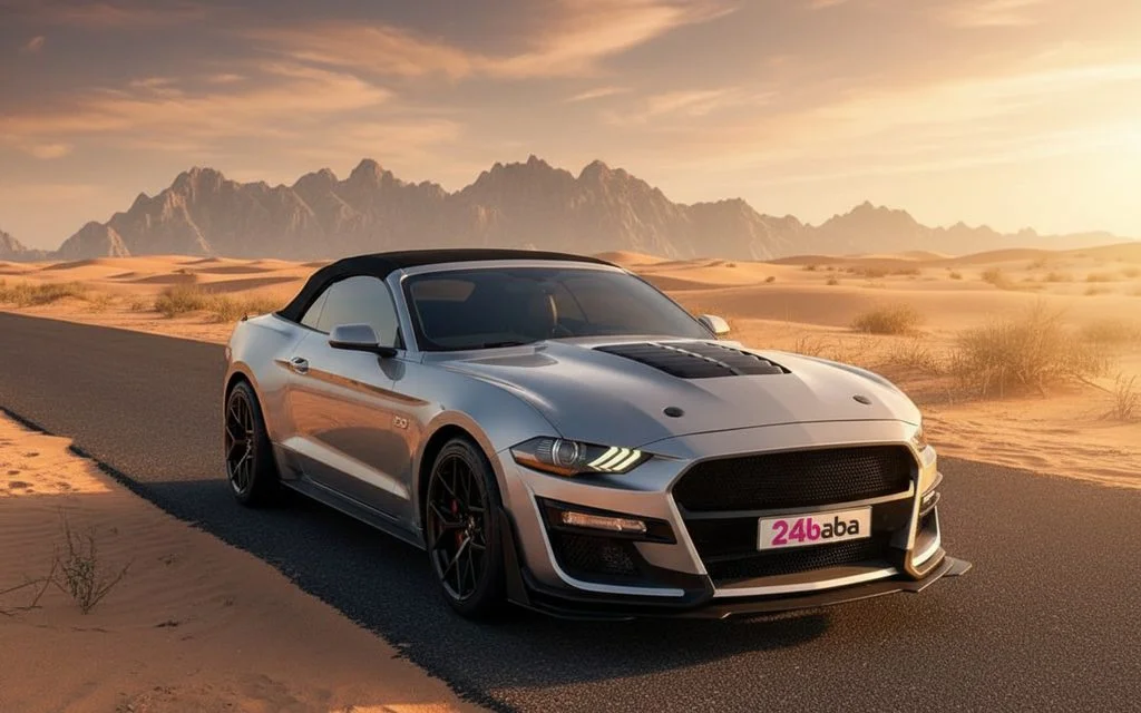 Ford Mustang 2020 Silver front view with headlights – rental in Dubai