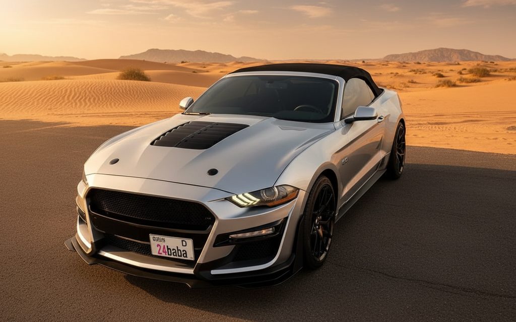 Ford Mustang 2020 Silver front view with headlights – rental in Dubai