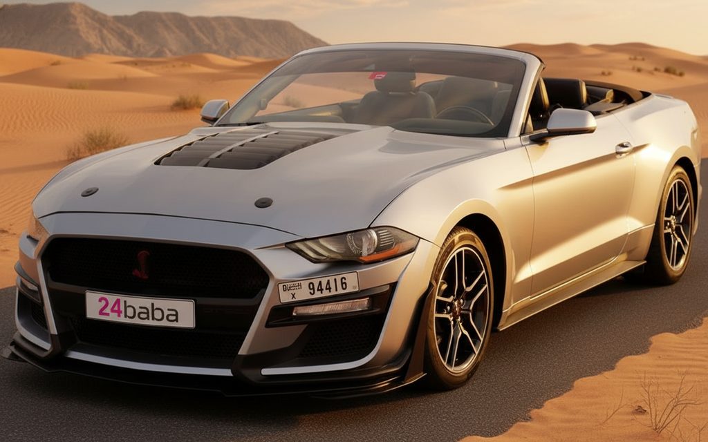 Ford Mustang 2021 Silver front view with headlights – rental in Dubai