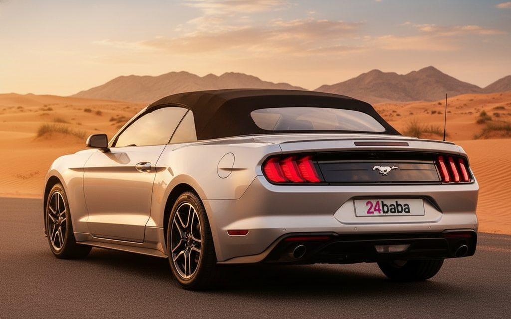 Ford Mustang 2021 Silver rear view showing taillights – rental in Dubai