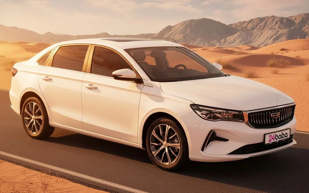 Geely Emgrand 2024 White front view with headlights – rental in Dubai