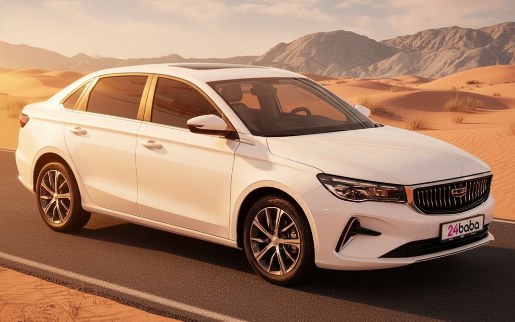 Geely Emgrand 2024 White front view with headlights – rental in Dubai