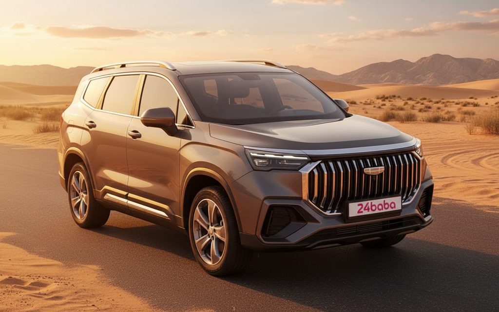 Geely Okavango 2025 Grey front view with headlights – rental in Dubai