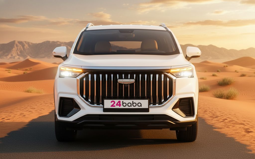 Geely Okavango 2025 White front view with headlights – rental in Dubai