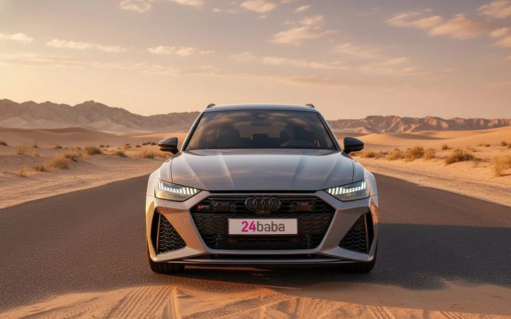 Audi Rs6 2024 Grey front view with headlights – rental in Dubai