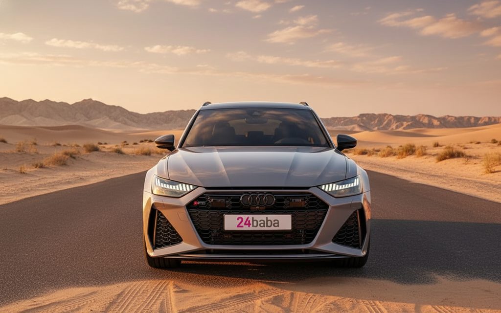 Audi Rs6 2024 Grey front view with headlights – rental in Dubai