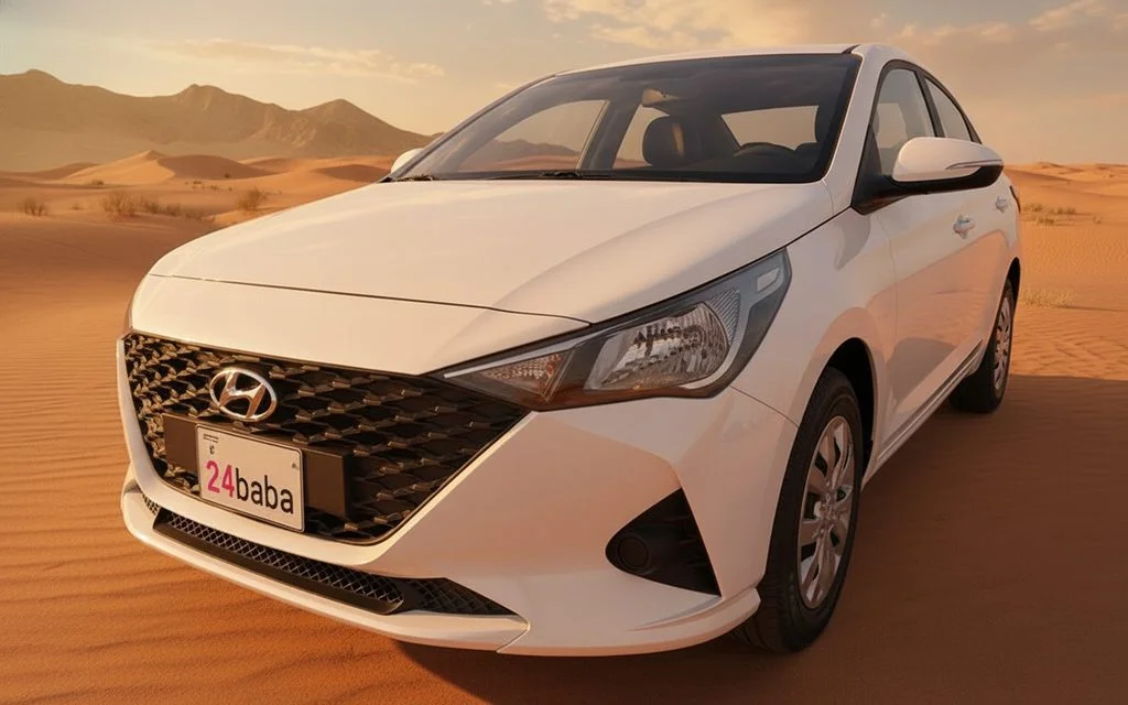 Hyundai Accent 2023 White front view with headlights – rental in Dubai