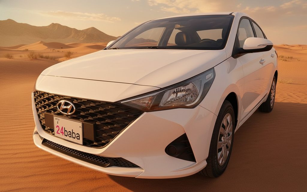Hyundai Accent 2023 White front view with headlights – rental in Dubai