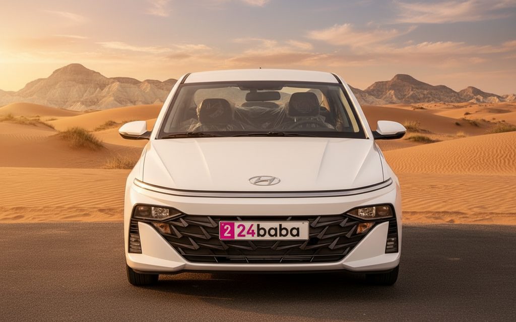 Hyundai Accent 2025 White front view with headlights – rental in Dubai