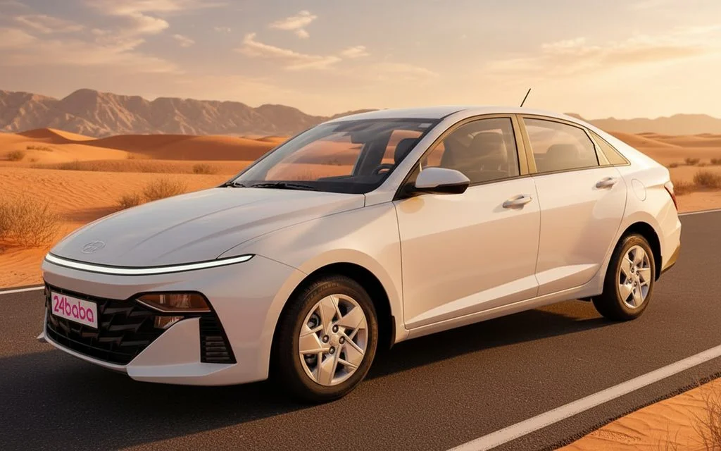 Hyundai Accent 2025 White front view with headlights – rental in Dubai