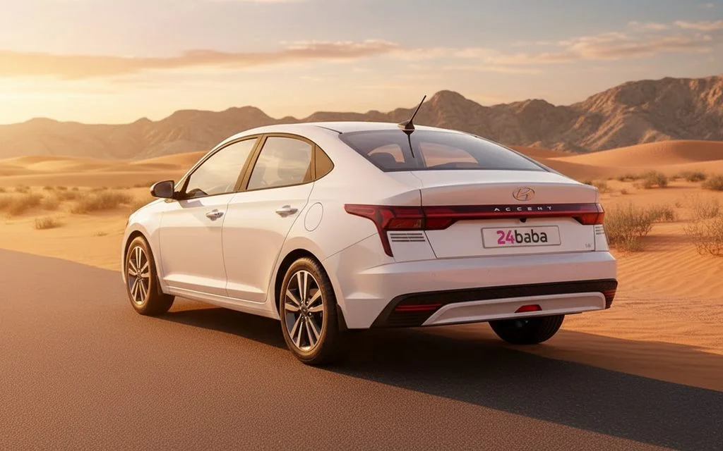Hyundai Accent 2025 White rear view showing taillights – rental in Dubai