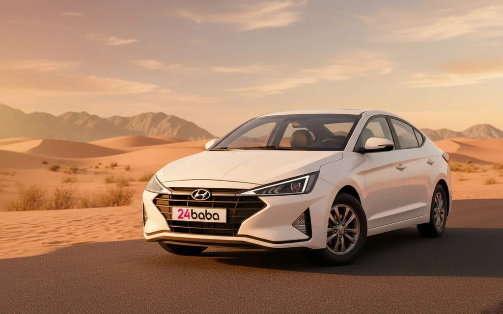 Hyundai Avante 2020 White front view with headlights – rental in Dubai