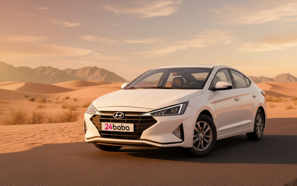 Hyundai Avante 2020 White front view with headlights – rental in Dubai