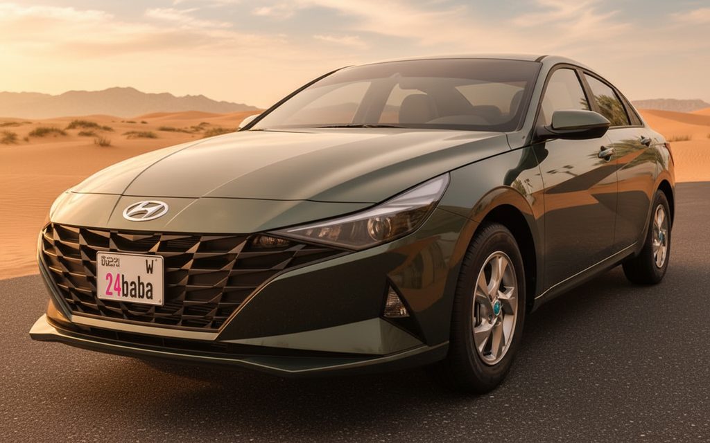 Hyundai Elantra 2022 Black front view with headlights – rental in Dubai