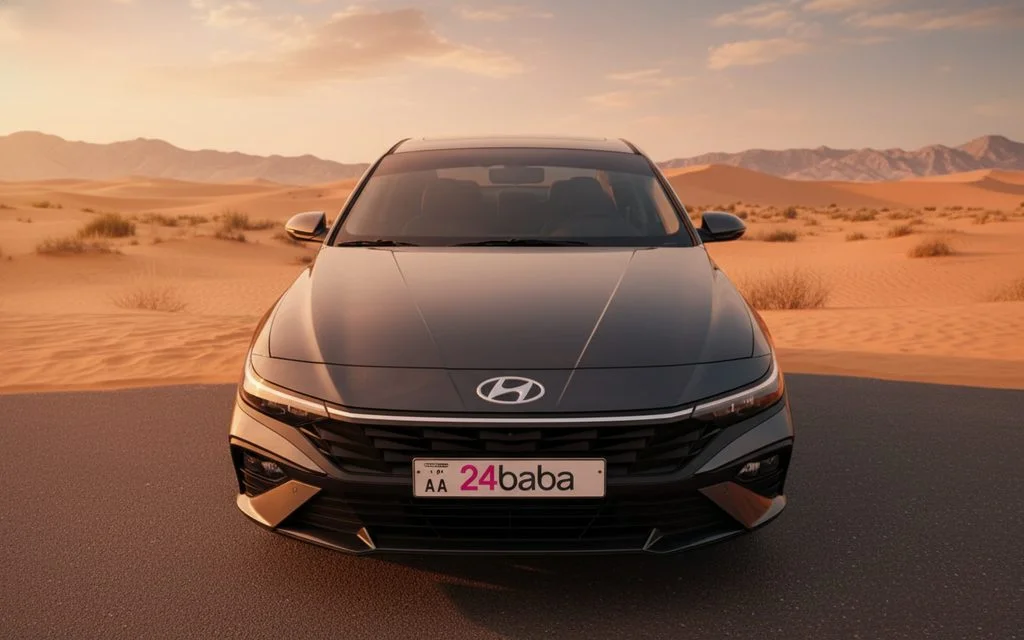 Hyundai Elantra 2024 Black front view with headlights – rental in Dubai