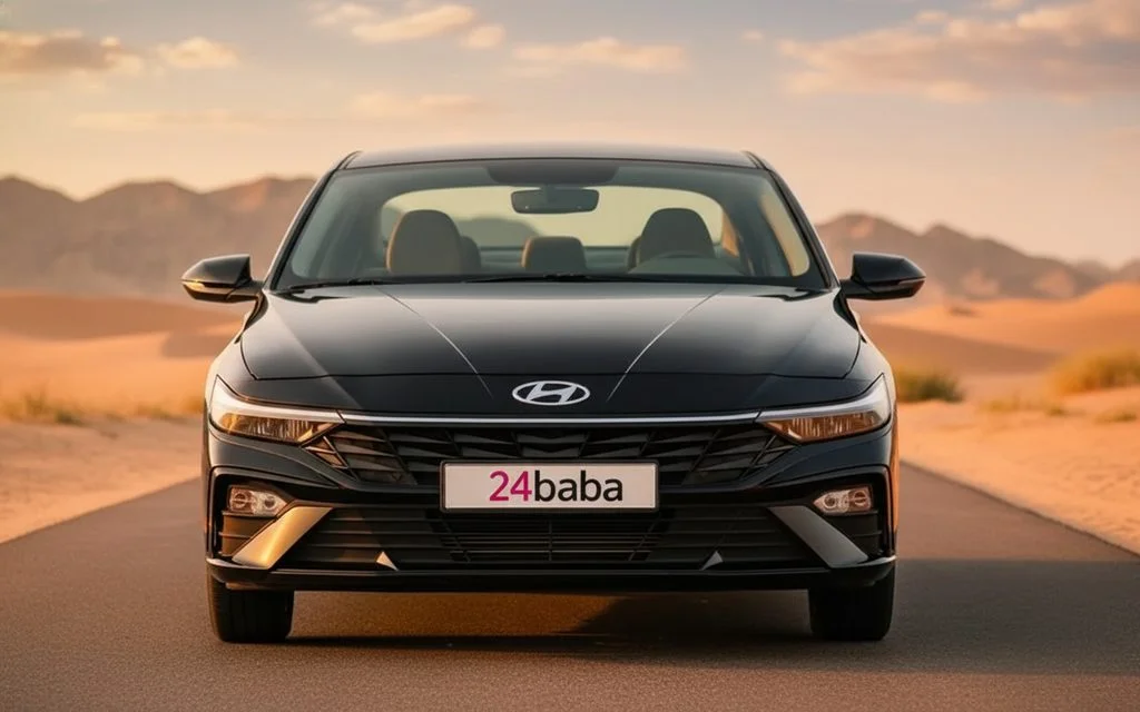 Hyundai Elantra 2024 Black front view with headlights – rental in Dubai