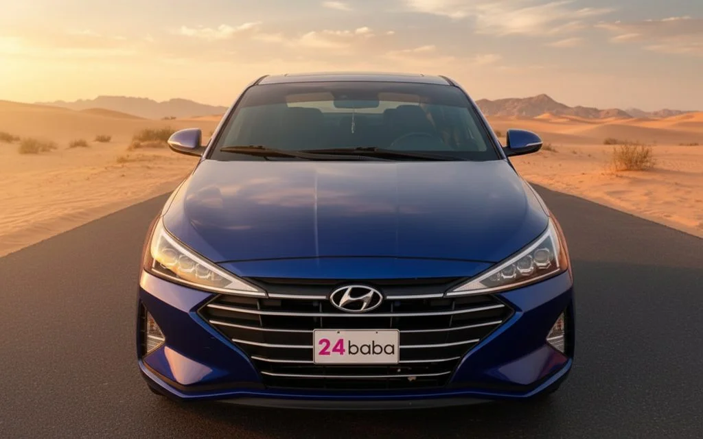 Hyundai Elantra 2020 Blue front view with headlights – rental in Dubai