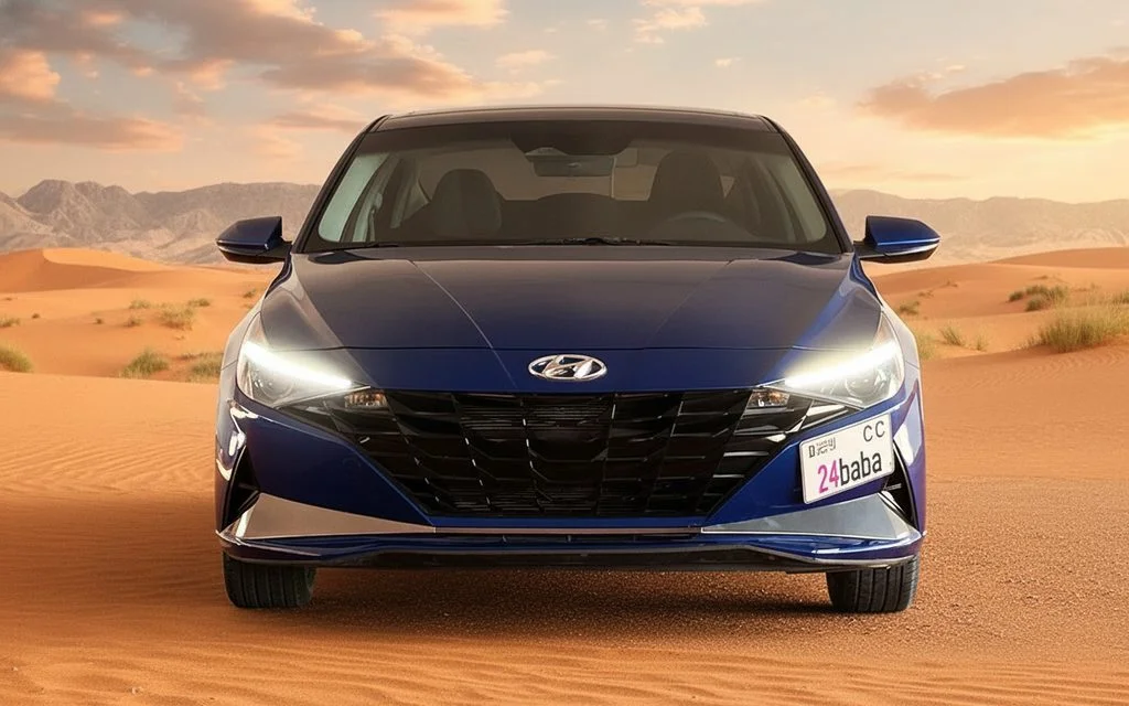 Hyundai Elantra 2021 Blue front view with headlights – rental in Dubai