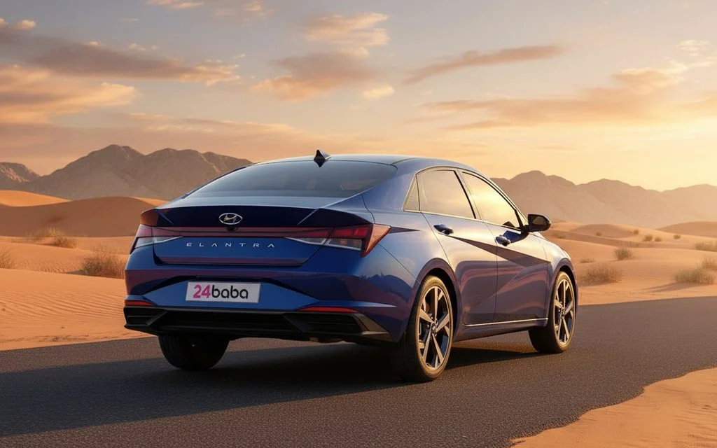 Hyundai Elantra 2021 Blue rear view showing taillights – rental in Dubai
