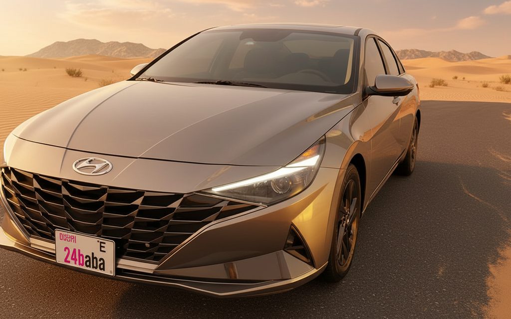 Hyundai Elantra 2022 Grey front view with headlights – rental in Dubai