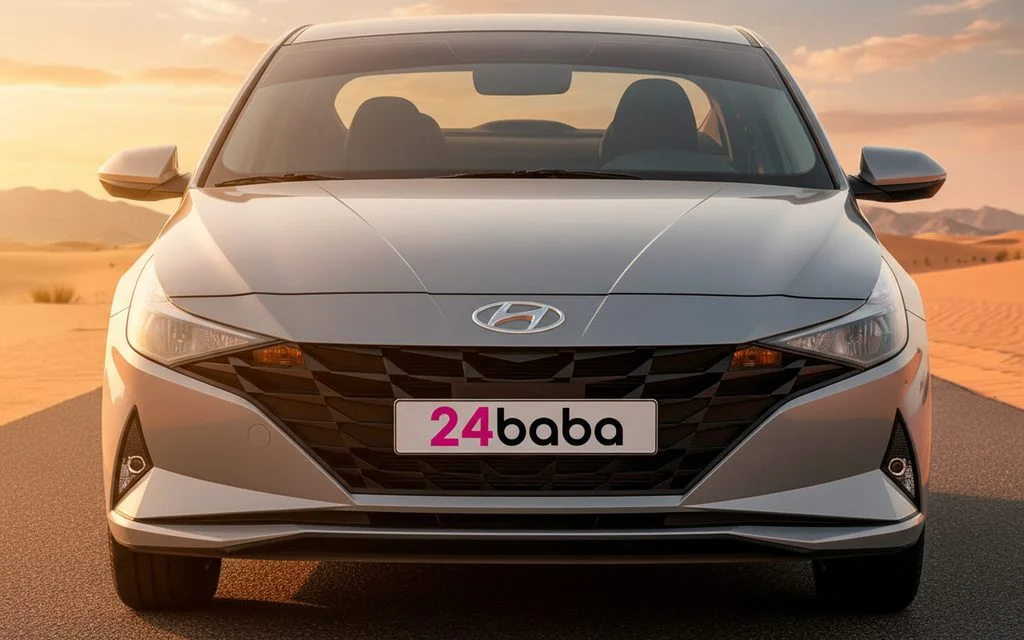 Hyundai Elantra 2023 Grey front view with headlights – rental in Dubai