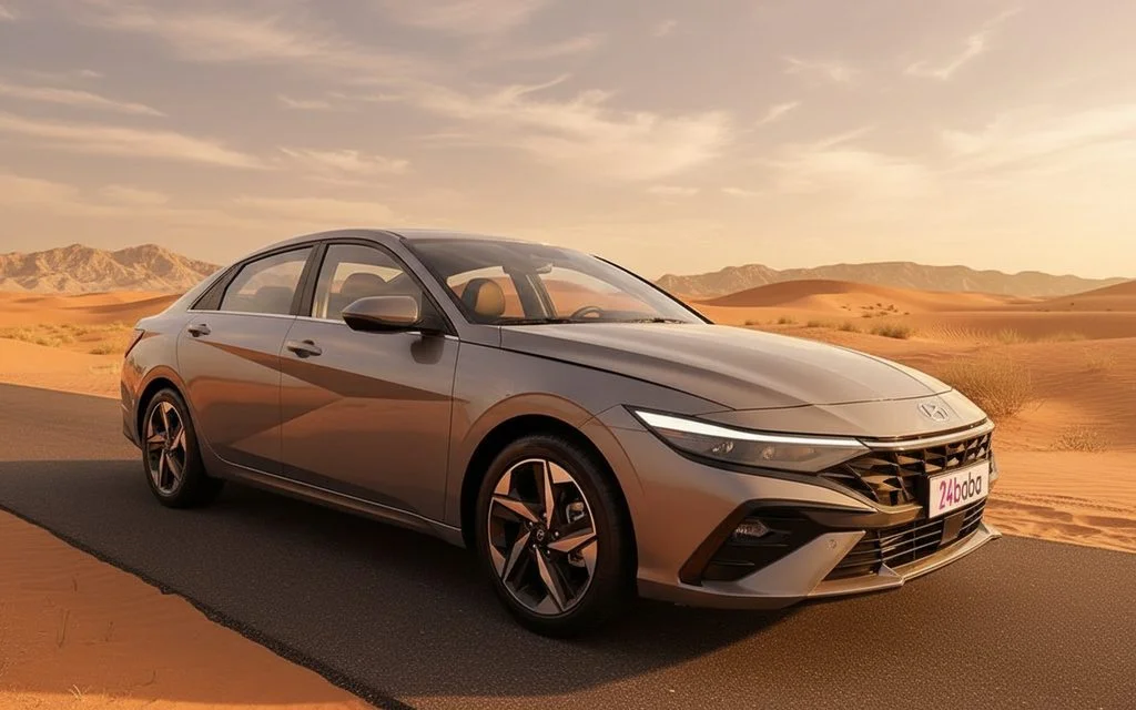 Hyundai Elantra 2023 Grey front view with headlights – rental in Dubai