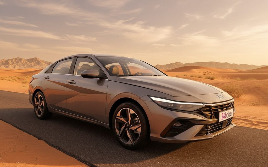 Hyundai Elantra 2023 Grey front view with headlights – rental in Dubai