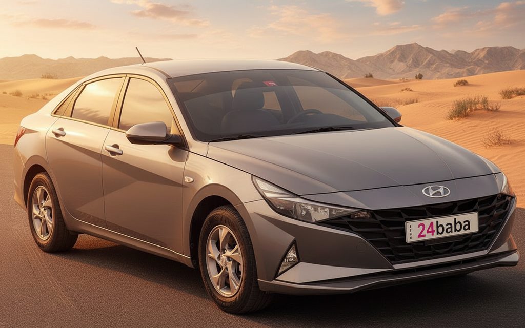 Hyundai Elantra 2024 Grey front view with headlights – rental in Dubai