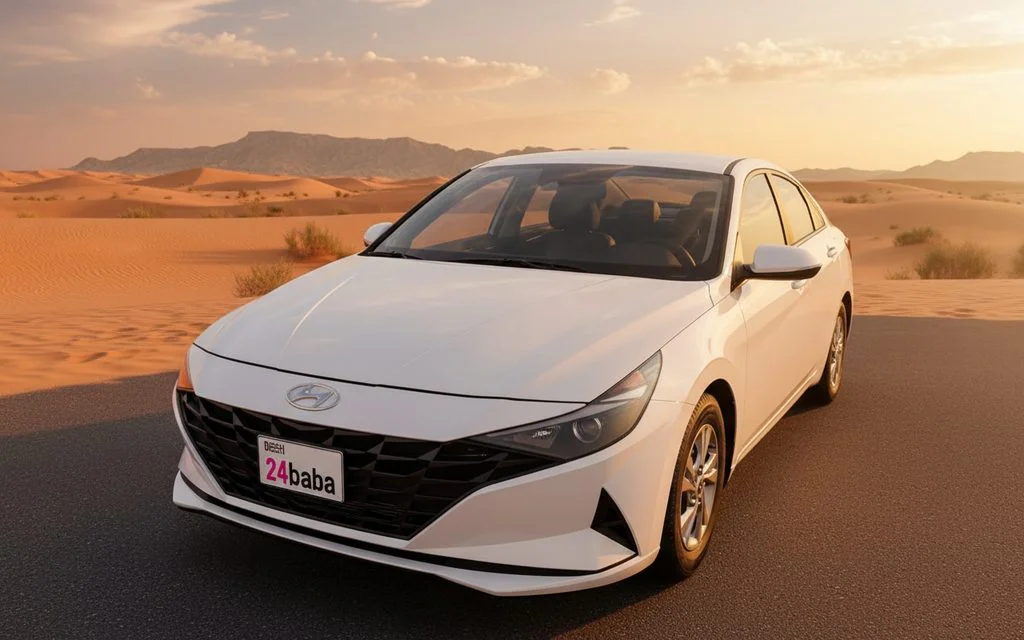 Hyundai Elantra 2021 White front view with headlights – rental in Dubai