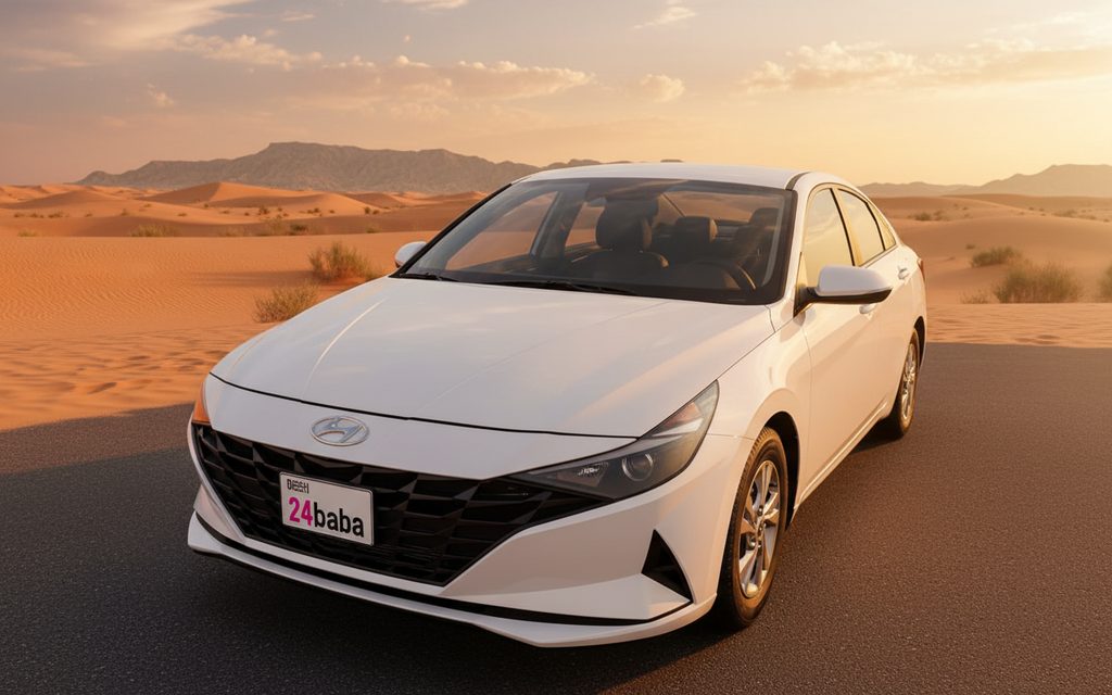 Hyundai Elantra 2021 White front view with headlights – rental in Dubai