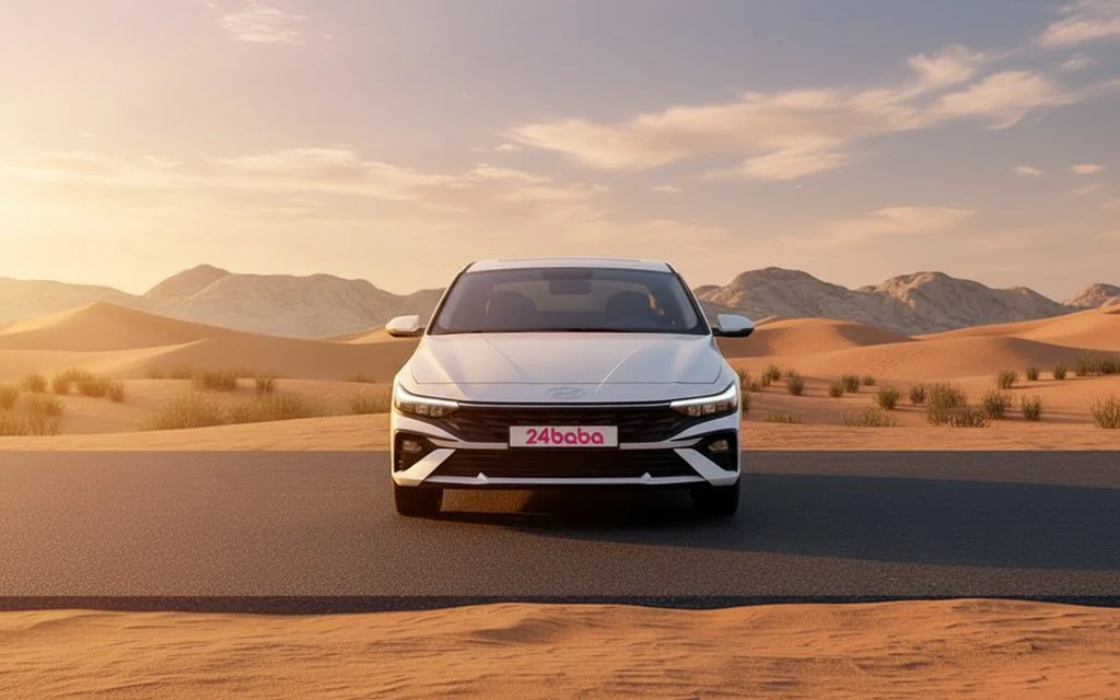 Hyundai Elantra 2024 White front view with headlights – rental in Dubai