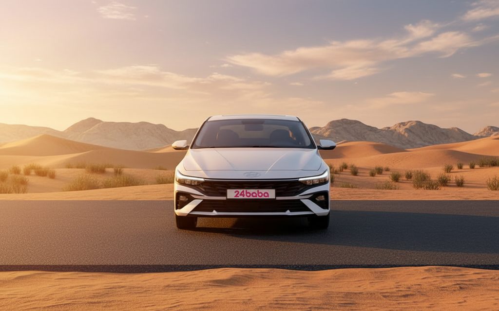 Hyundai Elantra 2024 White front view with headlights – rental in Dubai