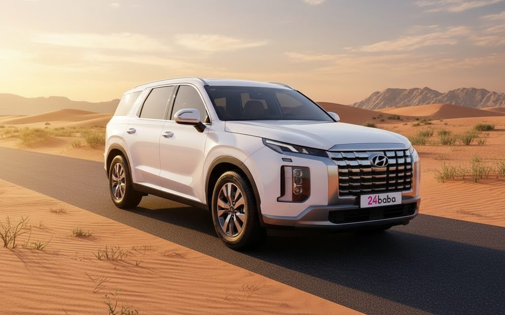Hyundai Palisade 2023 White front view with headlights – rental in Dubai
