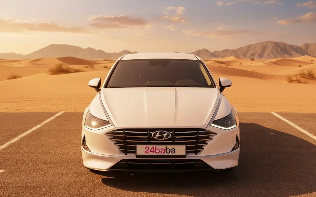 Hyundai Sonata 2020 White front view with headlights – rental in Dubai