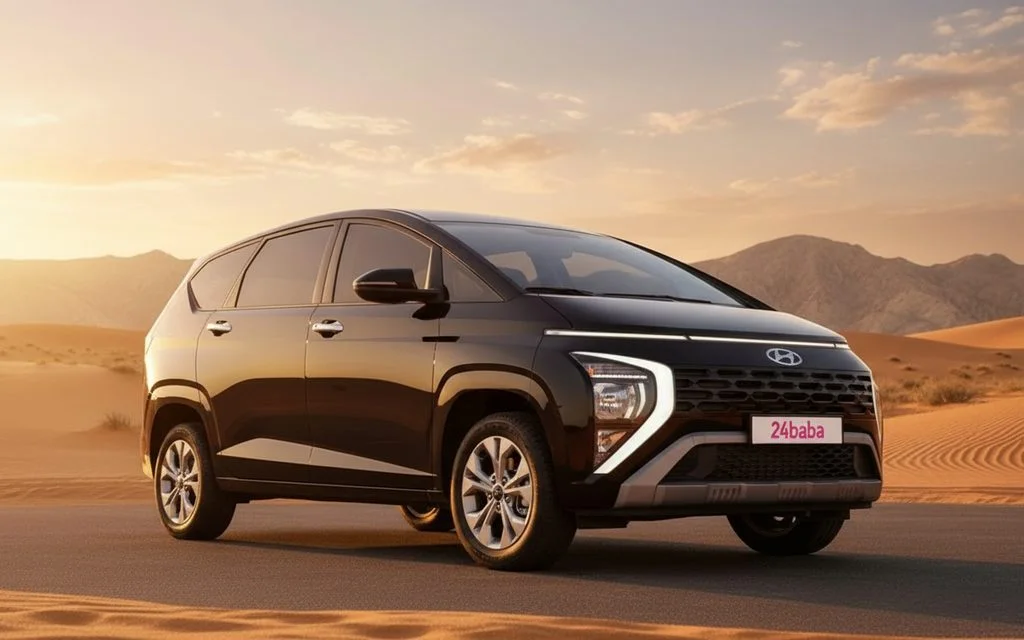 Hyundai Stargazer 2025 Black front view with headlights – rental in Dubai