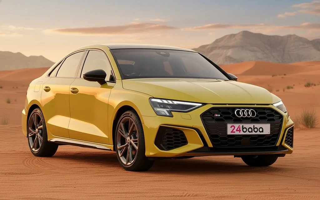 Audi S3 2021 Yellow front view with headlights – rental in Dubai