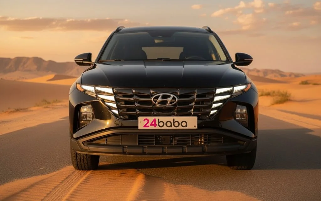 Hyundai Tucson 2022 Black front view with headlights – rental in Dubai