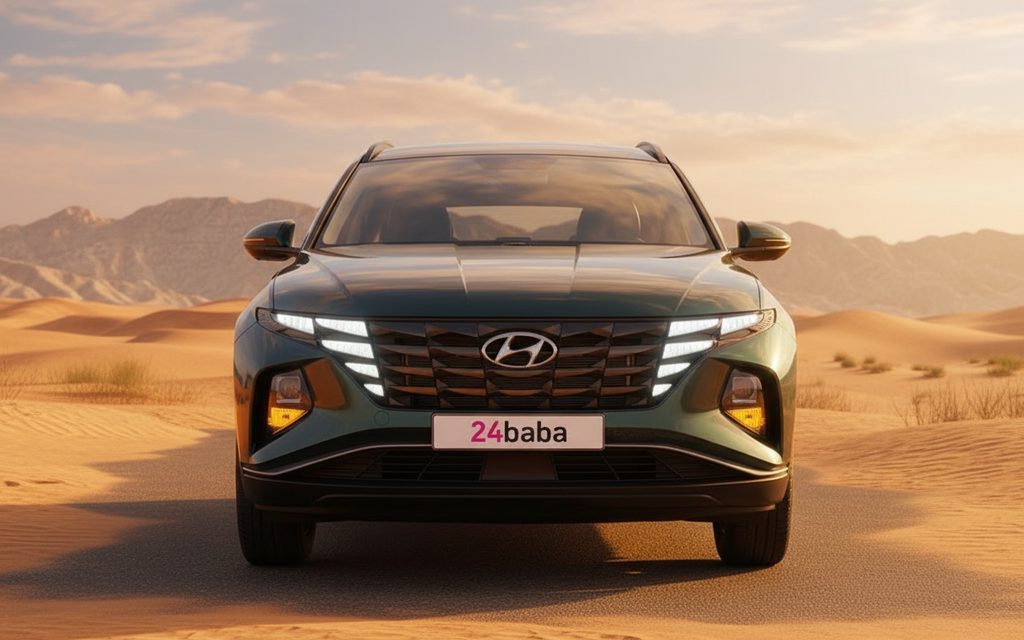 Hyundai Tucson 2024 Grey front view with headlights – rental in Dubai