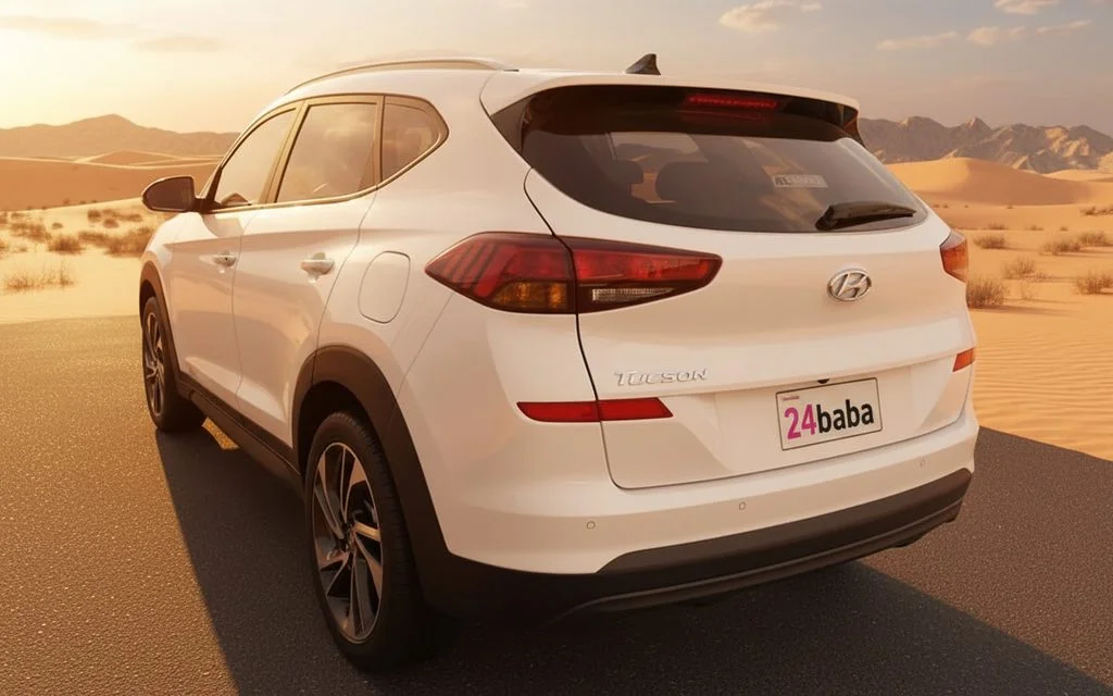 Hyundai Tucson 2021 White rear view showing taillights – rental in Dubai