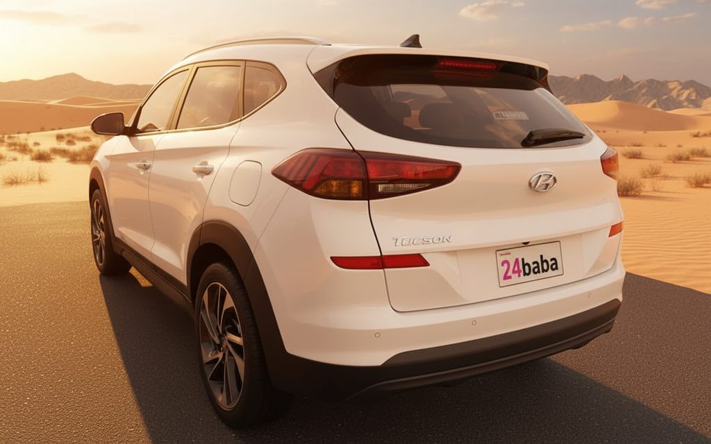 Hyundai Tucson 2021 White rear view showing taillights – rental in Dubai
