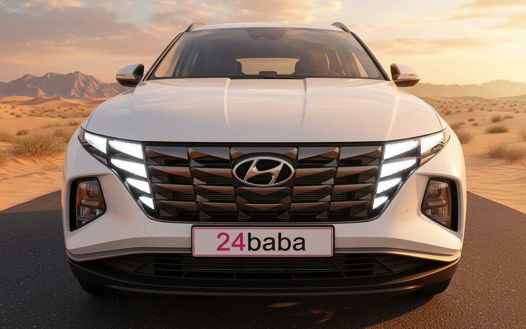Hyundai Tucson 2022 White front view with headlights – rental in Dubai