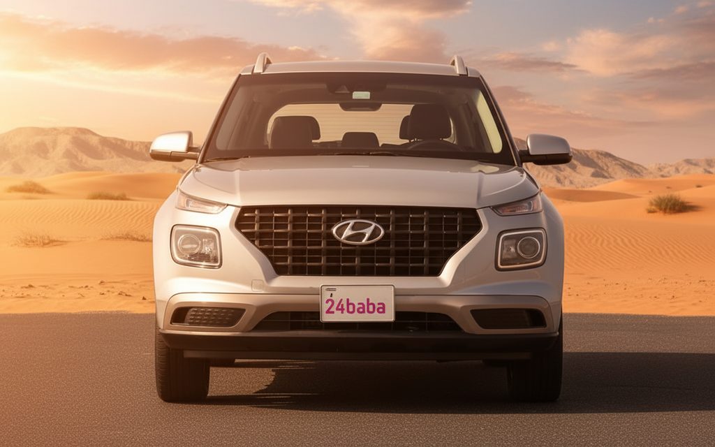 Hyundai Venue 2022 Silver front view with headlights – rental in Dubai
