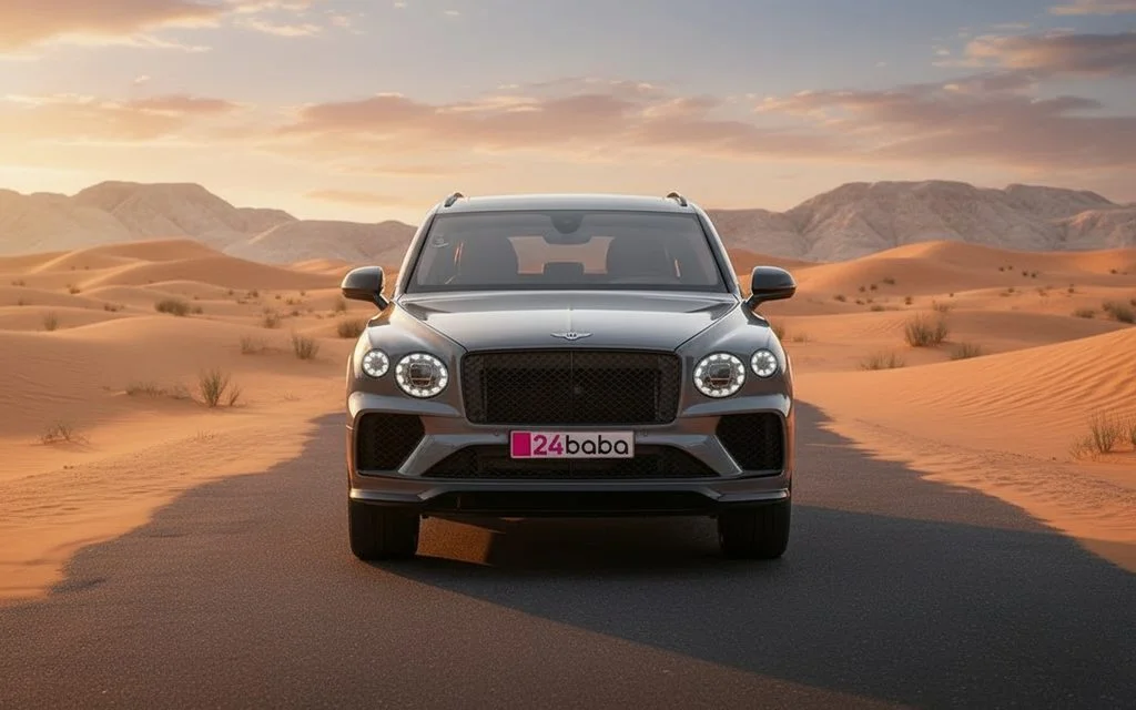 Bentley Bentayga 2022 Grey front view with headlights – rental in Dubai