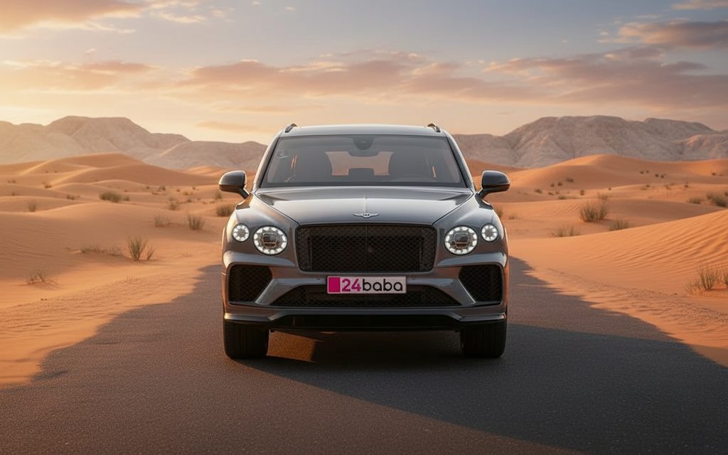 Bentley Bentayga 2022 Grey front view with headlights – rental in Dubai