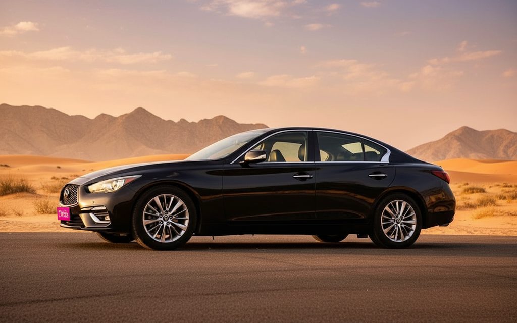 Infiniti Q50 2025 Black side profile – rental in Dubai