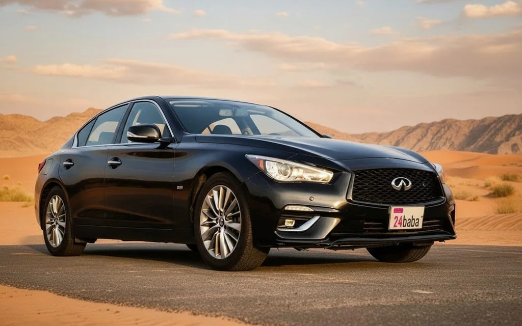 Infiniti Q50 2025 Black front view with headlights – rental in Dubai